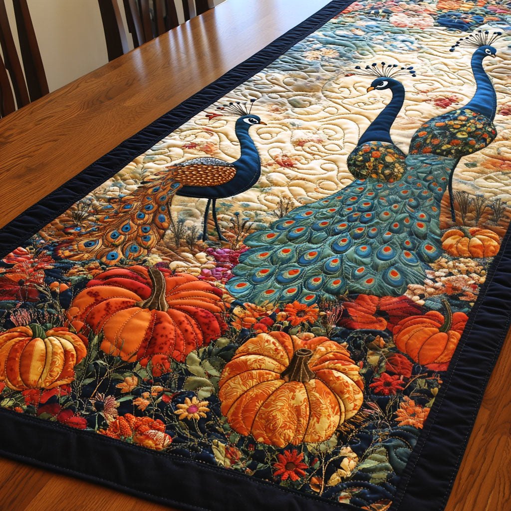 Peacock Among Autumn Pumpkins Table Runner