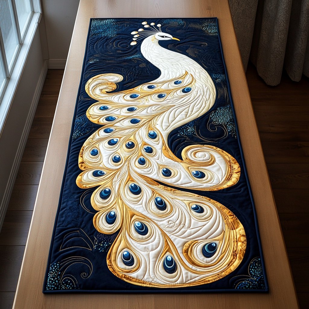 White Peacock Feather Plume Table Runner