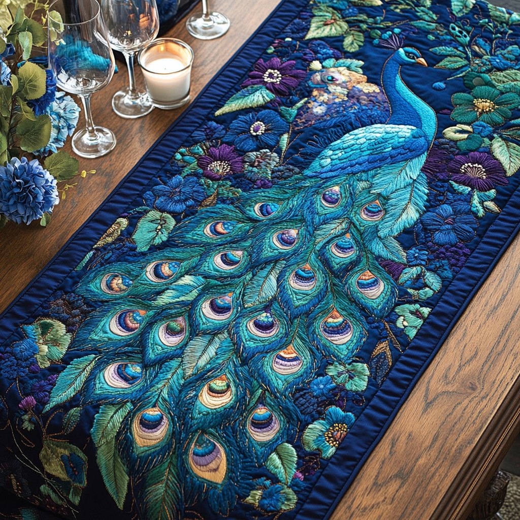 Peacock Feathers in Blue and Teal Table Runner