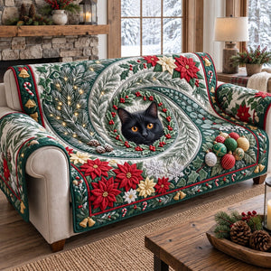 Evergreen Swirl Peeking Black Cat Sofa Cover - Made to Order
