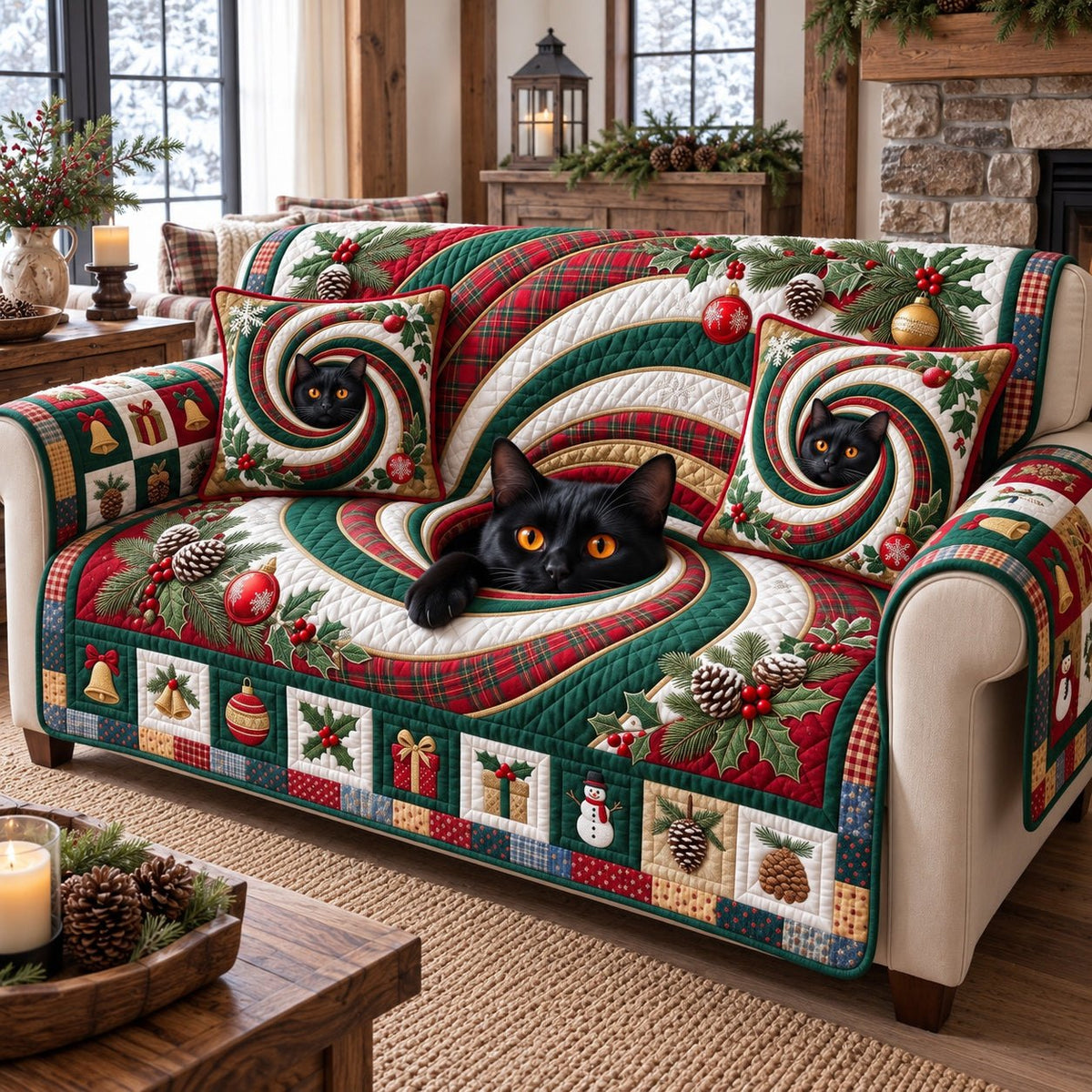 Cream Swirl Patchwork Black Cat Sofa Cover