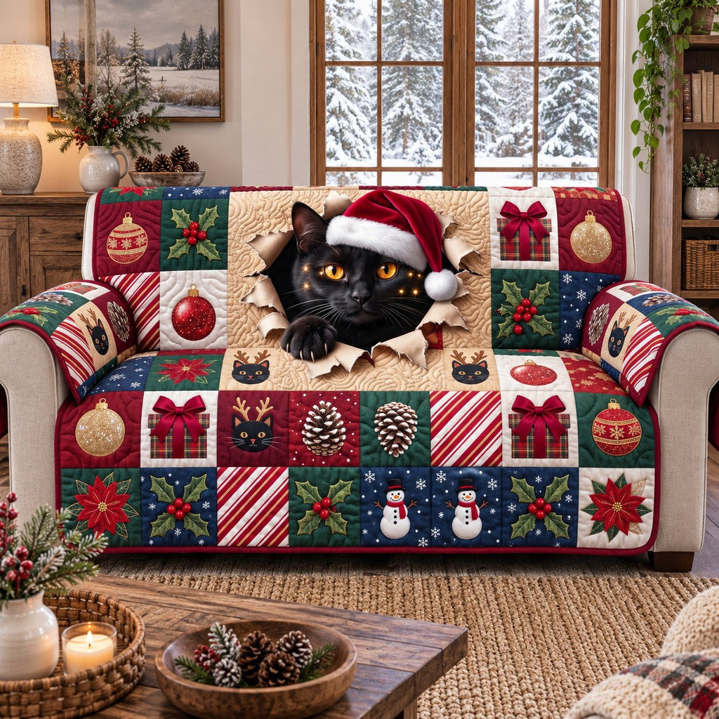 Patchwork Peekaboo Santa Black Cat Sofa Cover