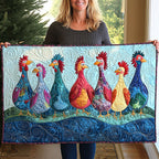 Folk Chickens on Blue Swirls Table Runner