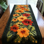 Orange Flowers on Dark Green Table Runner