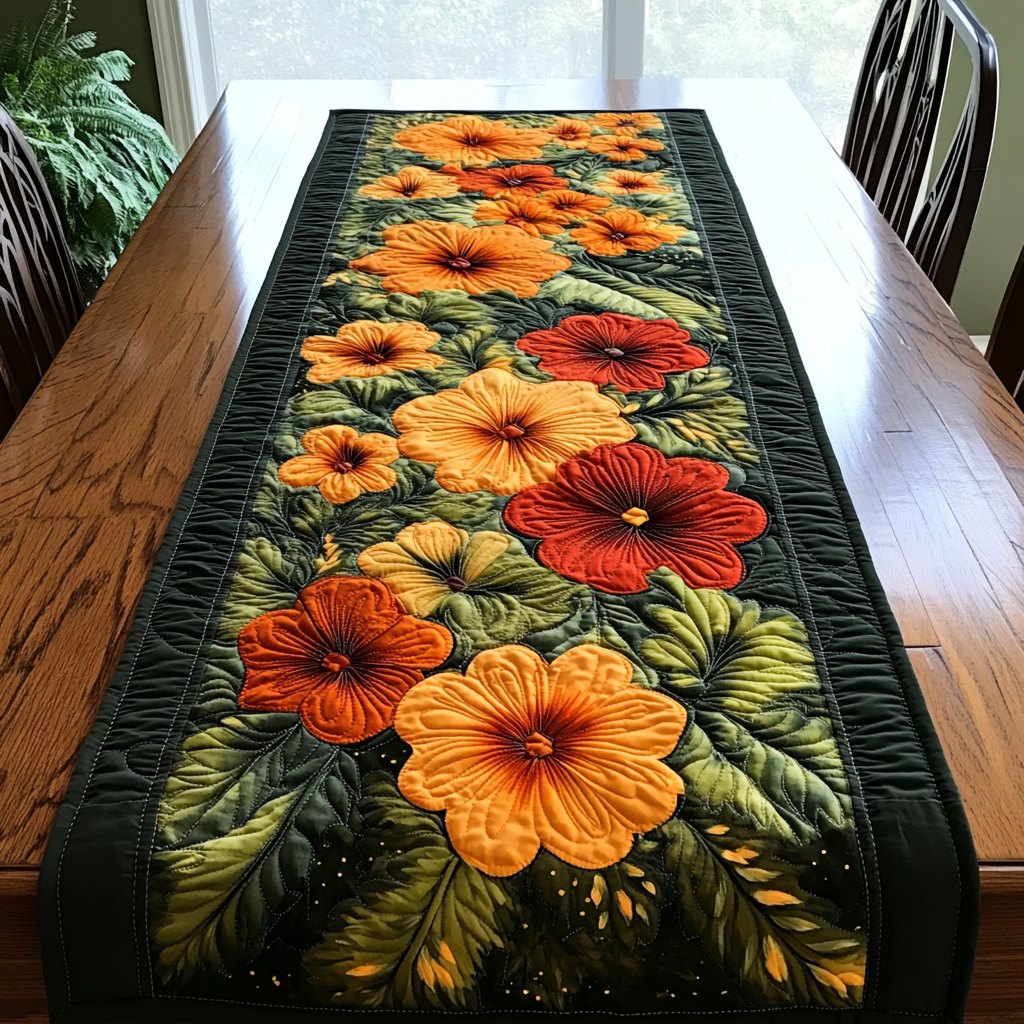 Orange Flowers on Dark Green Table Runner