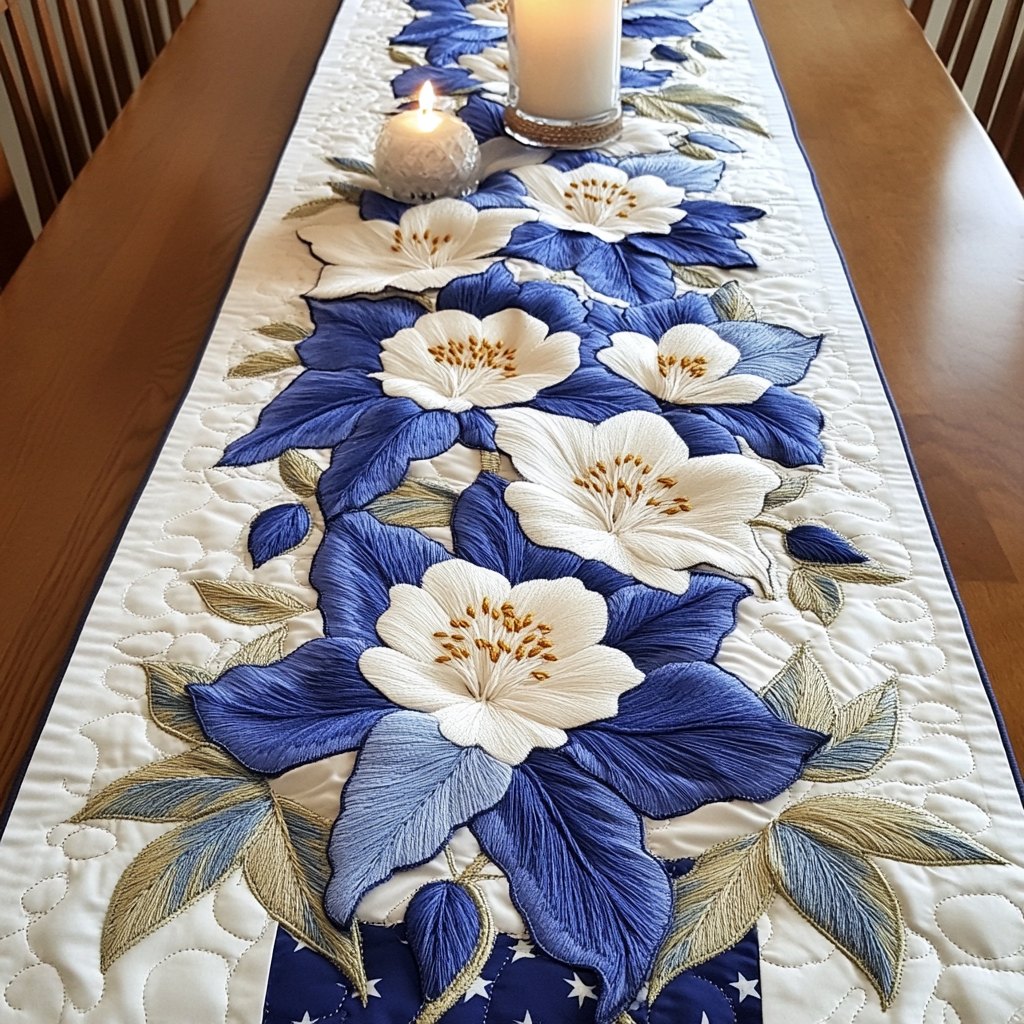 Blue and White Flowers on Cream Table Runner