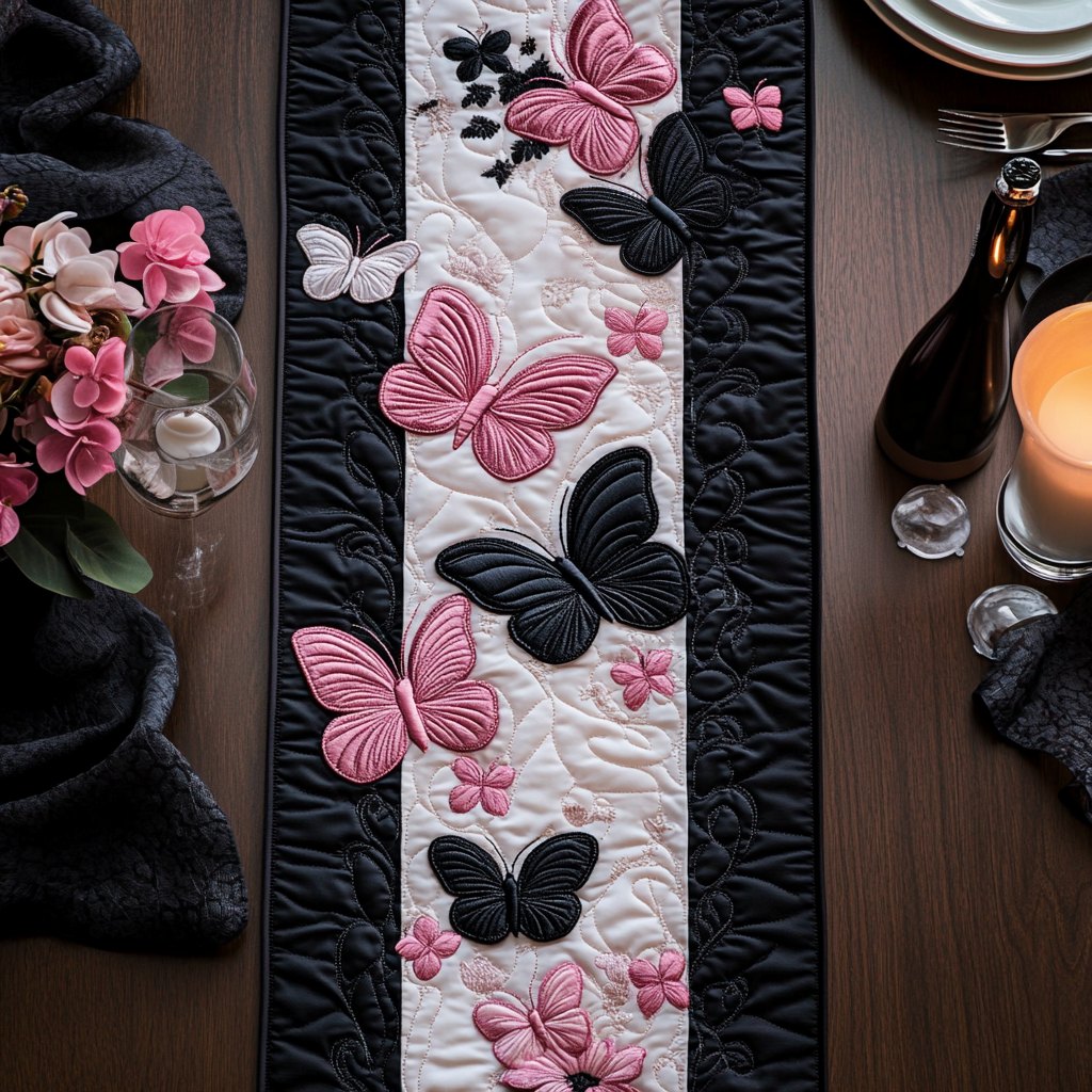 Pink and Black Butterflies on Stripe Table Runner