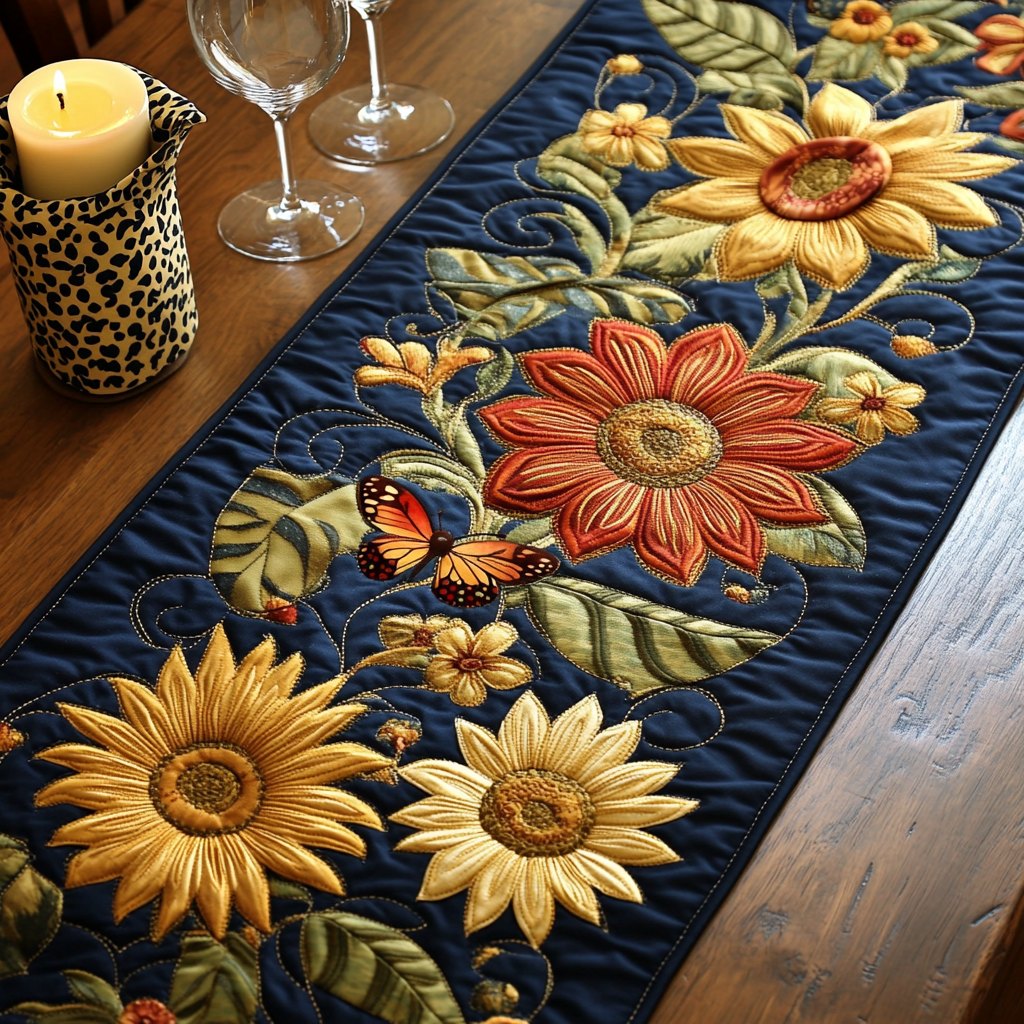 Sunflowers with Ladybug on Navy Table Runner