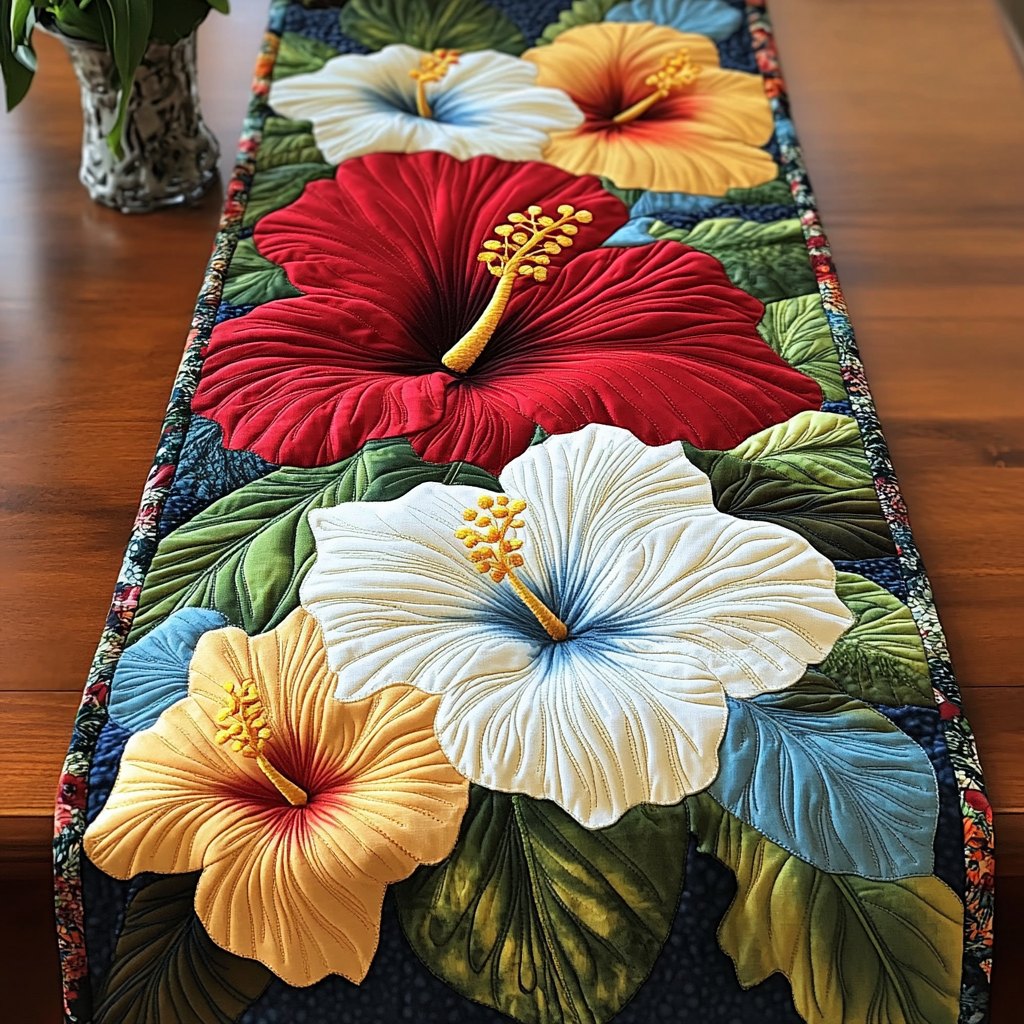 Red and White Hibiscus Blooms Table Runner