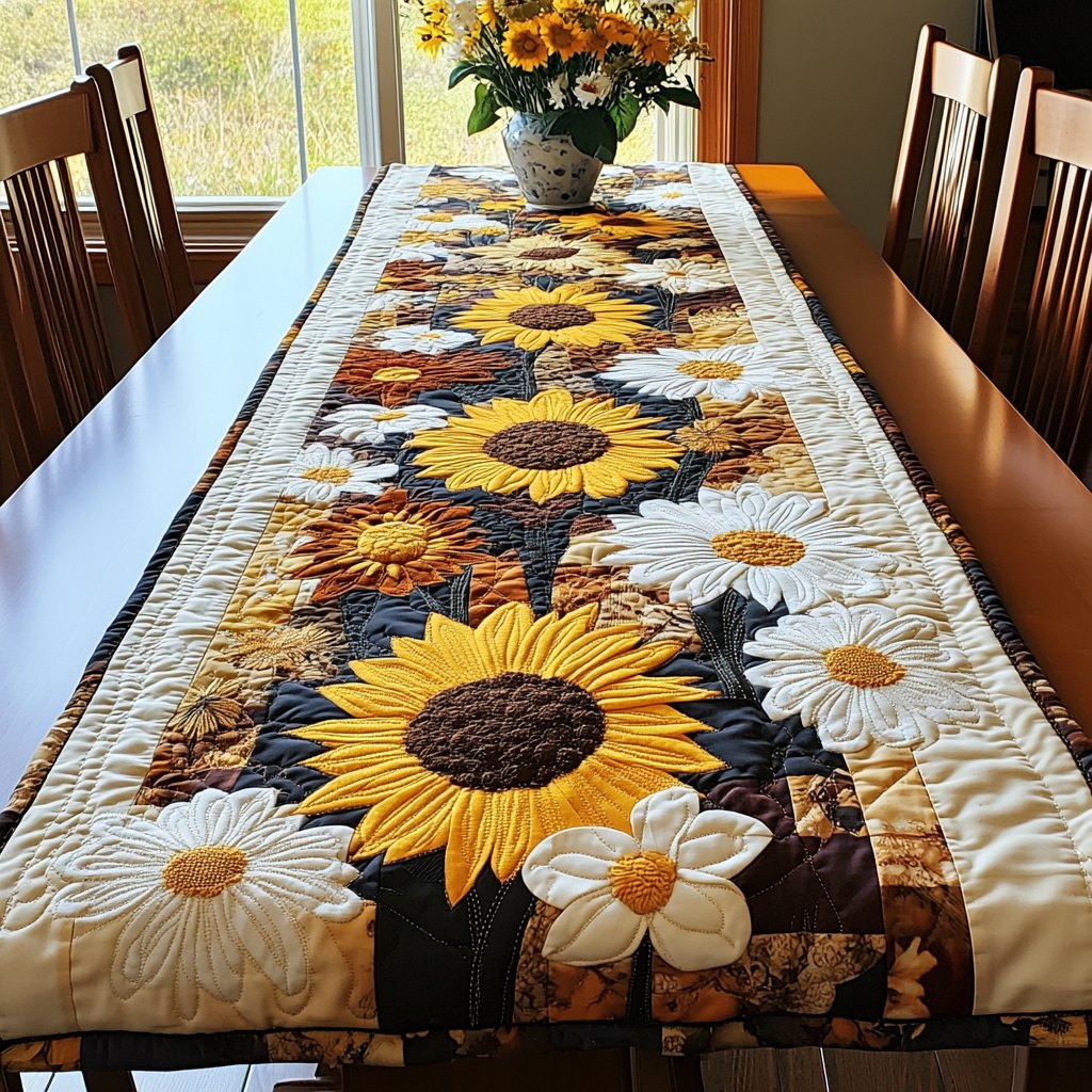 Sunflowers and White Daisy on Cream Table Runner