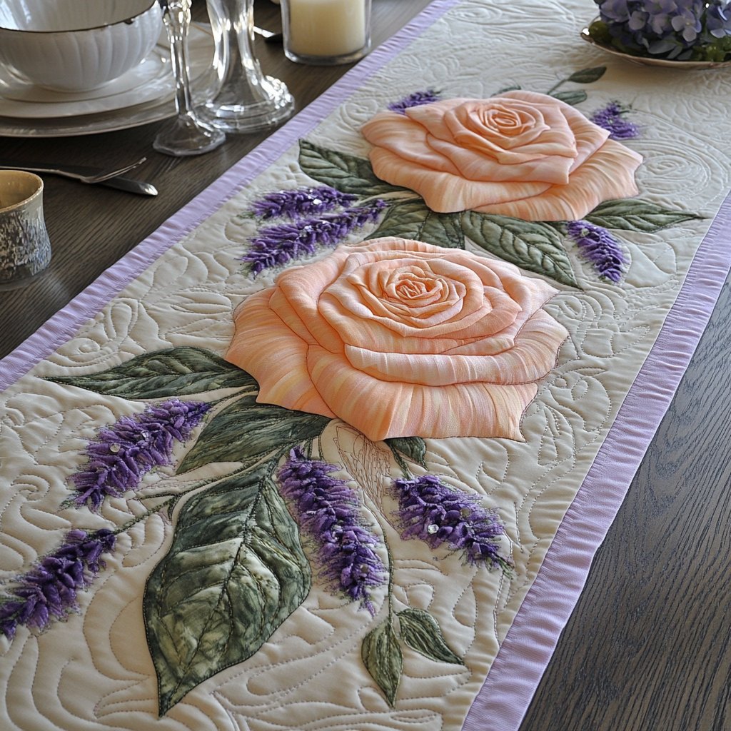 Peach Rose with Lavender Sprigs Table Runner
