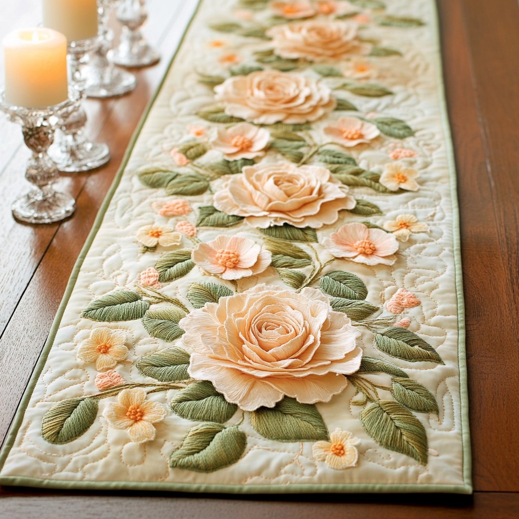 Peach Roses on Cream Quilting Table Runner
