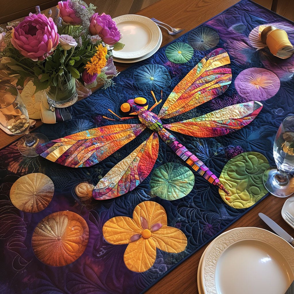 Dragonfly with Orange Flowers on Navy Table Runner