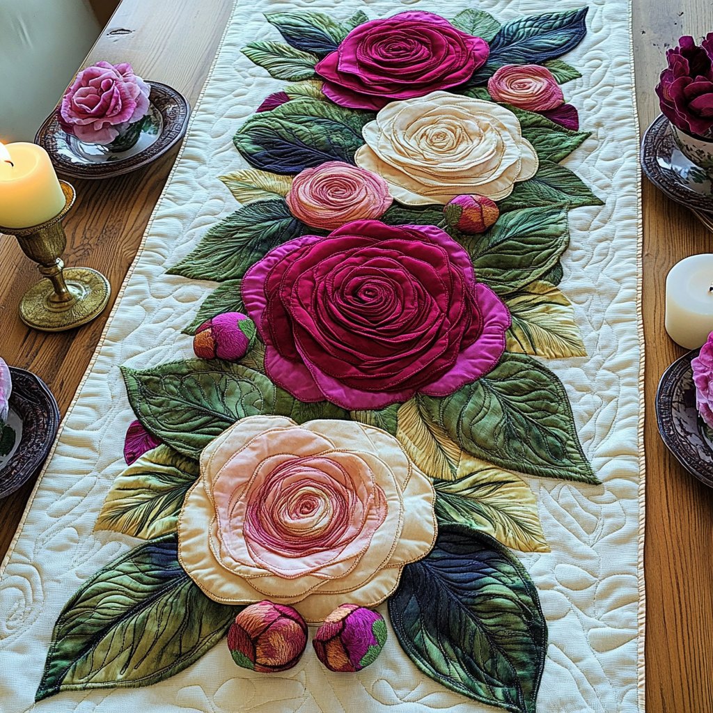 Pink and Cream Roses on White Table Runner