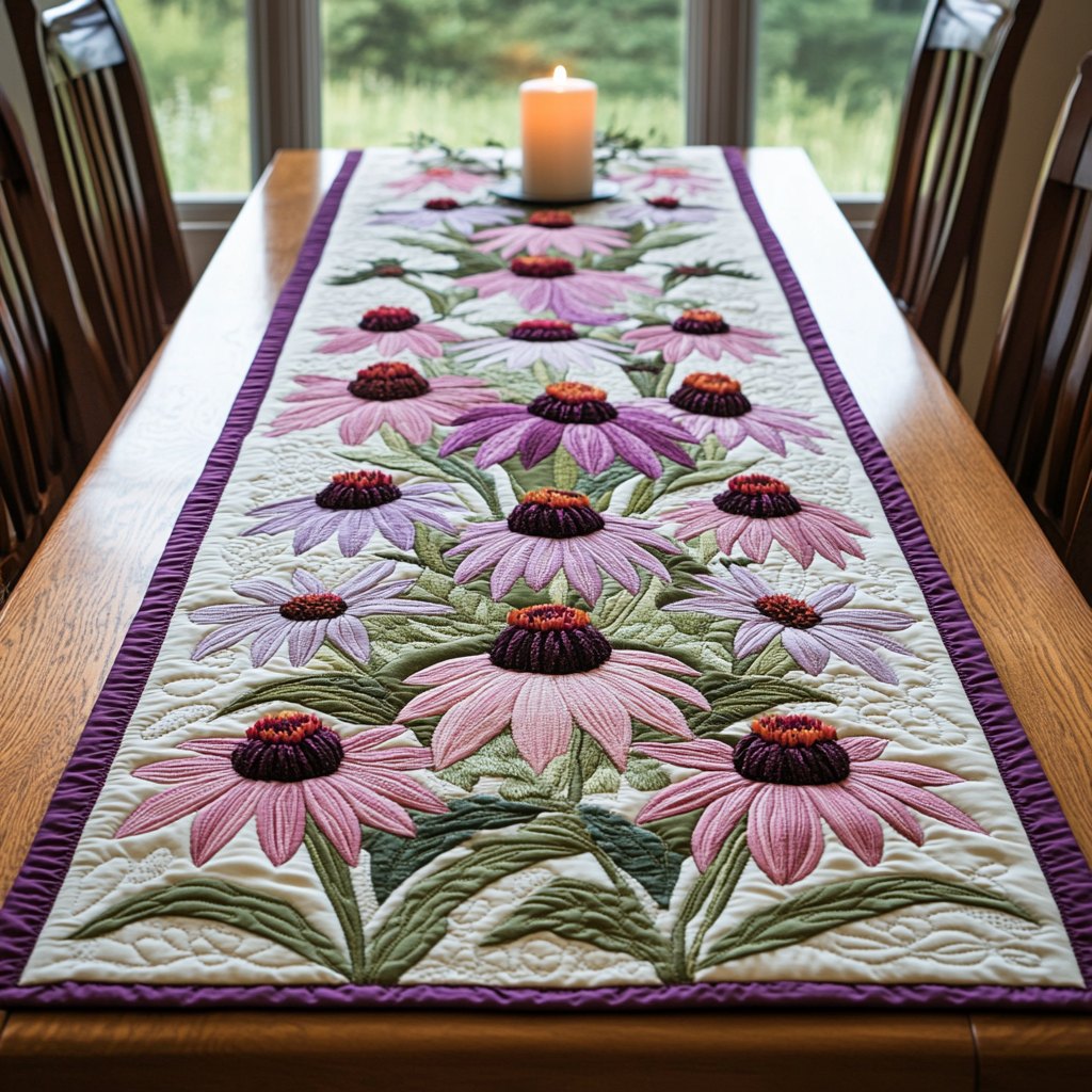 Pink Coneflowers on Cream Table Runner