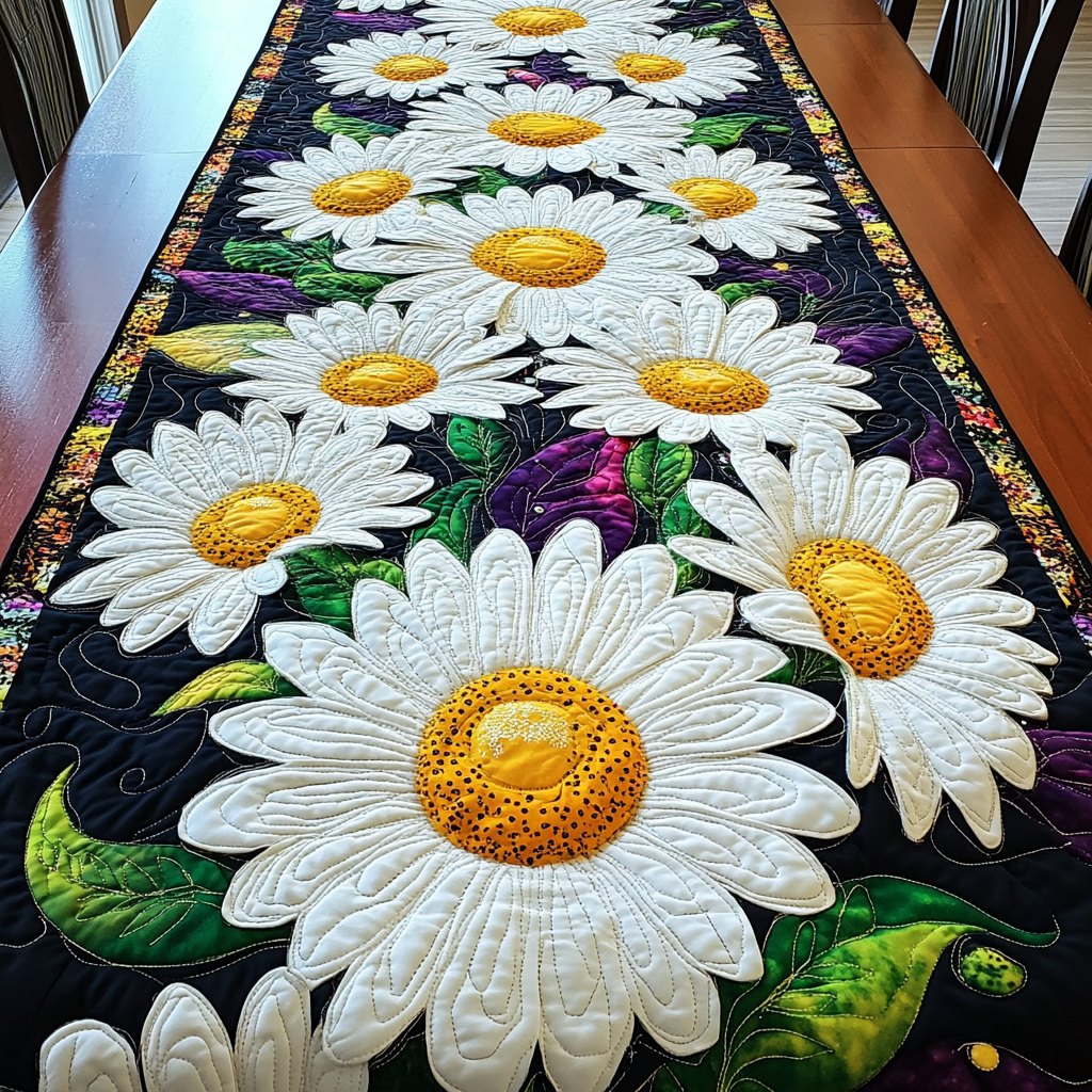White Daisies on Black Ground Table Runner