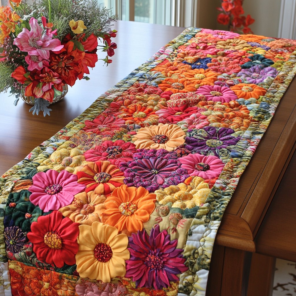 Dense Orange and Pink Flowers Table Runner