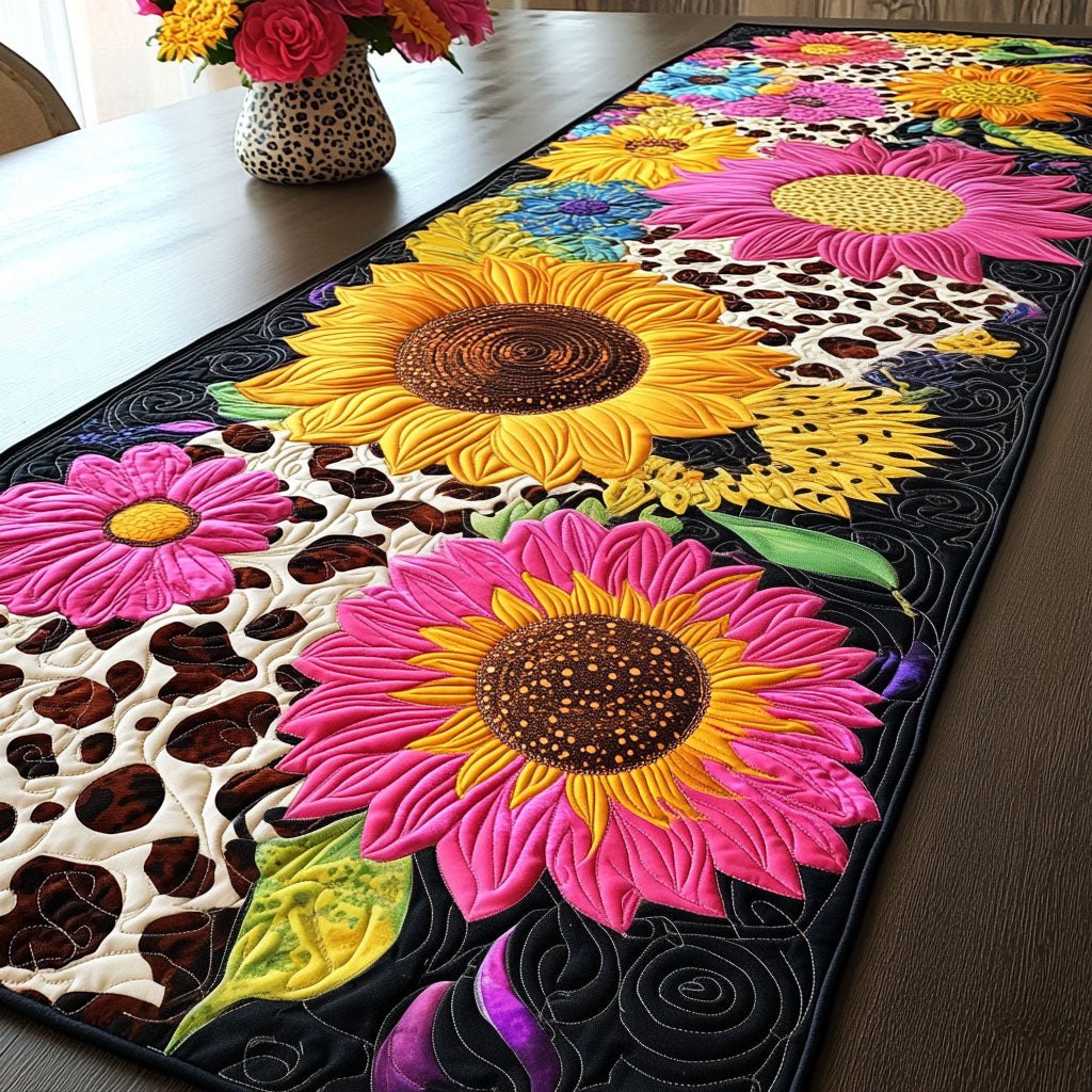 Pink Sunflower with Leopard Print Table Runner