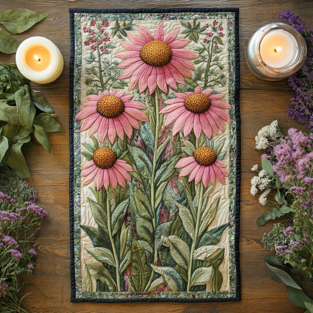 Pink Coneflowers on Green Stems Table Runner