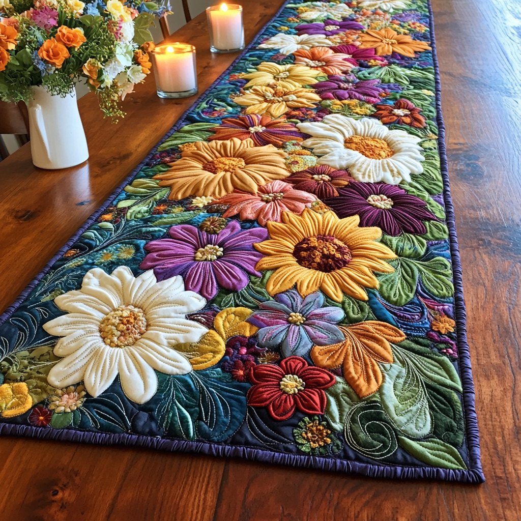 Sunflowers and Daisies on Navy Table Runner
