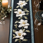 White Magnolia on Black Stripe Table Runner