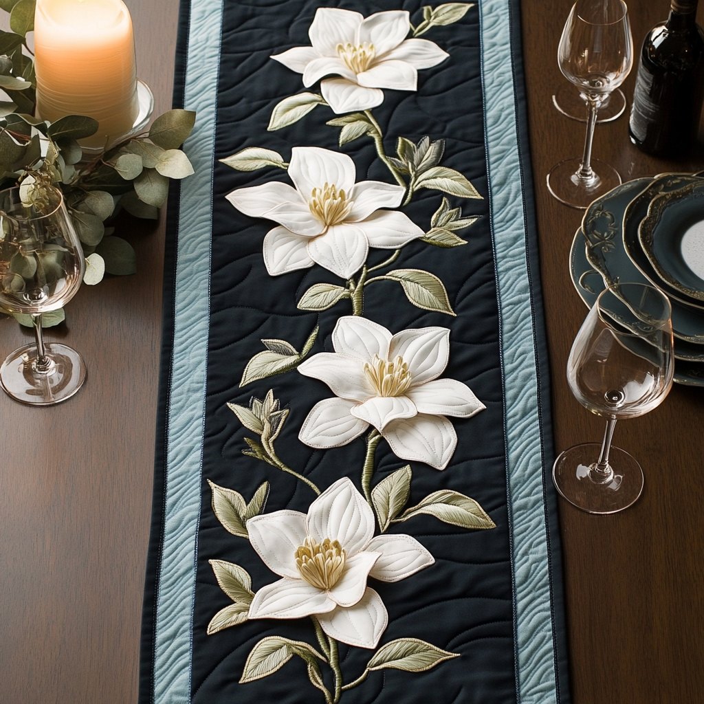 White Magnolia on Black Stripe Table Runner