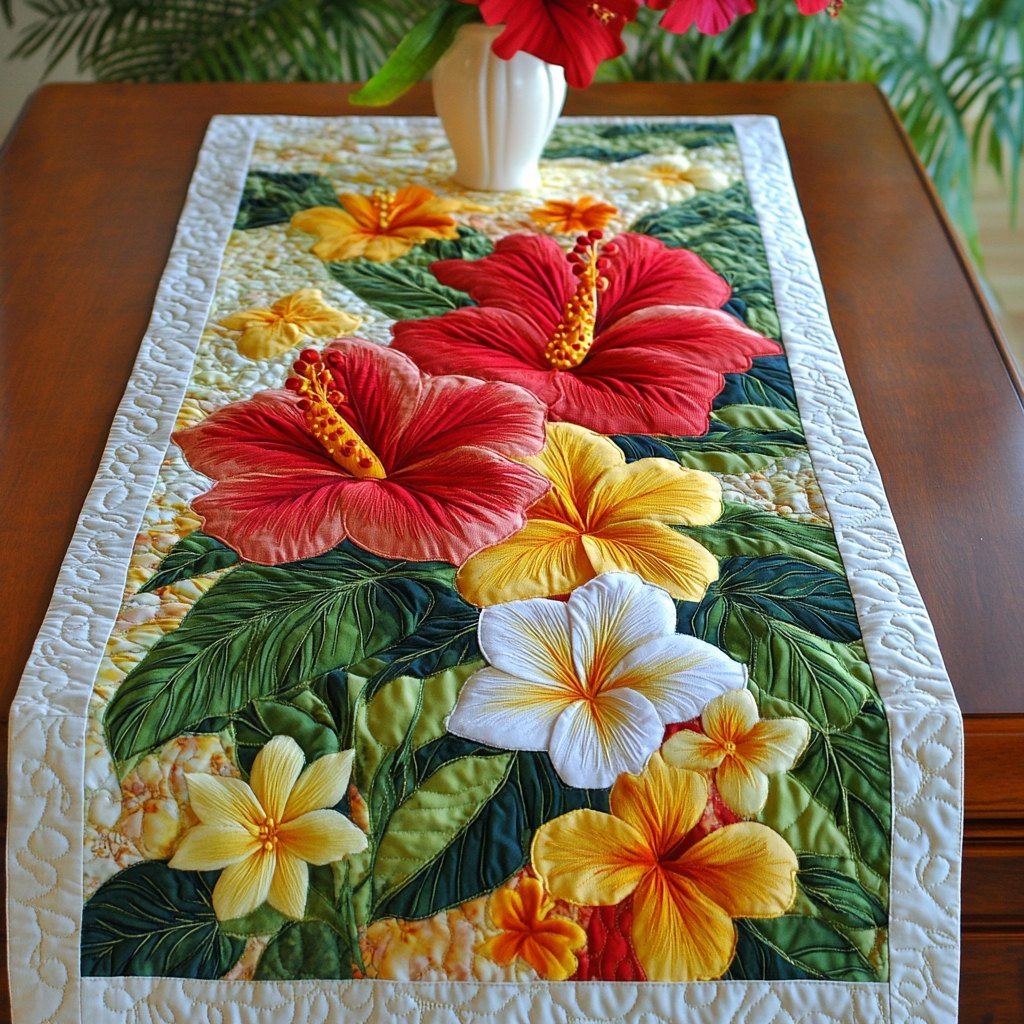 Tropical Hibiscus in Red and Yellow Table Runner