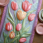 Pink Tulips on Pale Blue Table Runner
