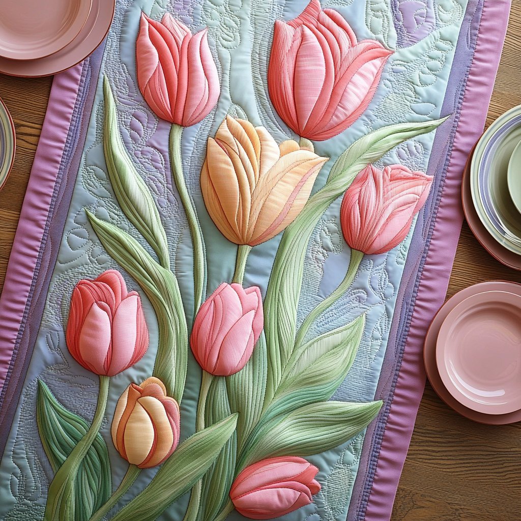 Pink Tulips on Pale Blue Table Runner