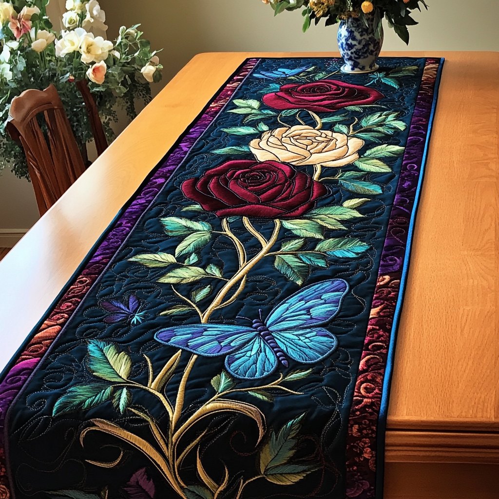 Red Rose with Blue Dragonfly Table Runner