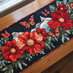 Red Flowers with Butterflies on Black Table Runner