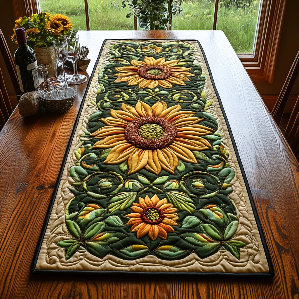 Sunflowers on Green Quilted Ground Table Runner