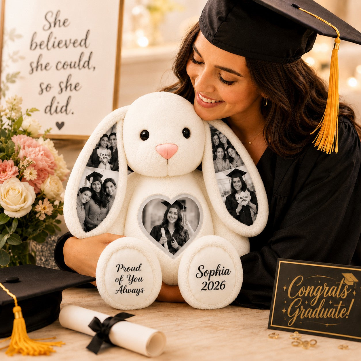 Graduation Bunny Custom Name Wall Clock — personalized with a custom name