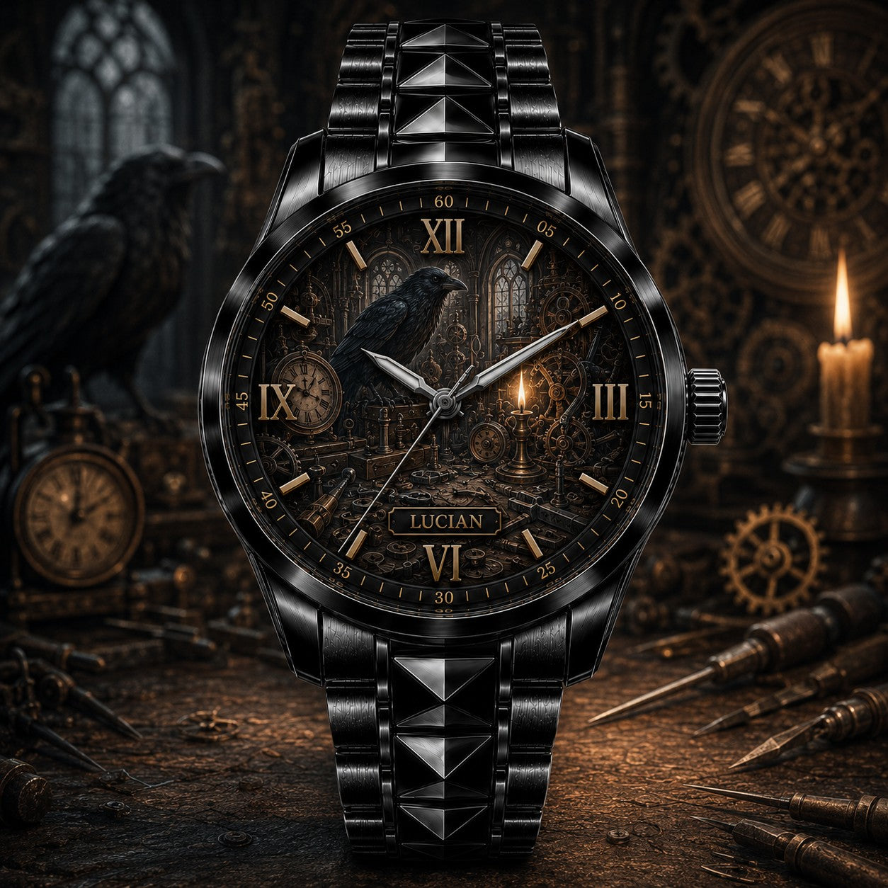 Custom Steampunk Raven Workshop Watch — personalized with a custom name