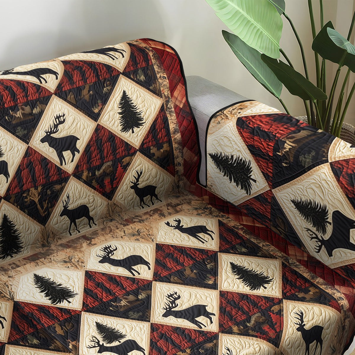 Moose and Pine Diamonds on Plaid Sofa Cover