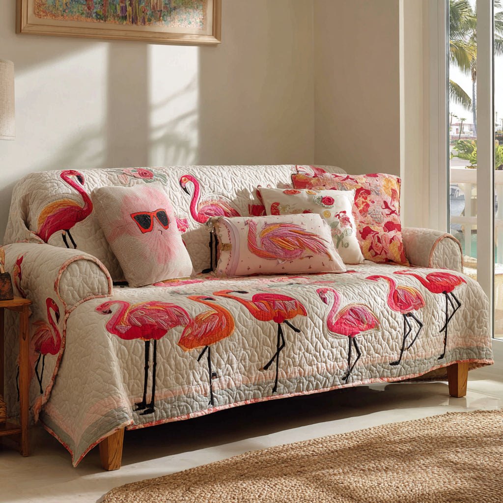 Pink Flamingos on Cream Quilt Sofa Cover