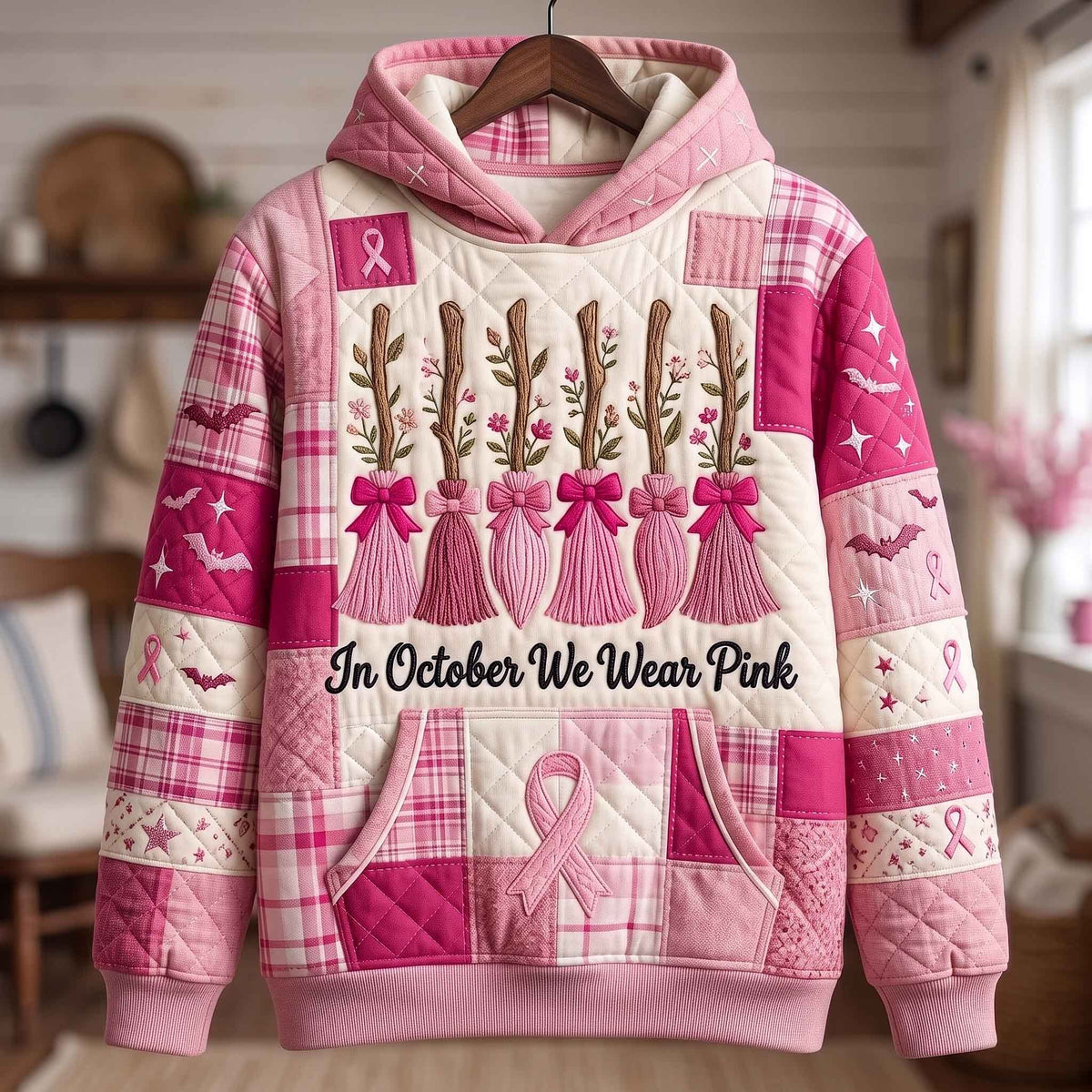 Pink Plaid Brooms hoodie, all-over print