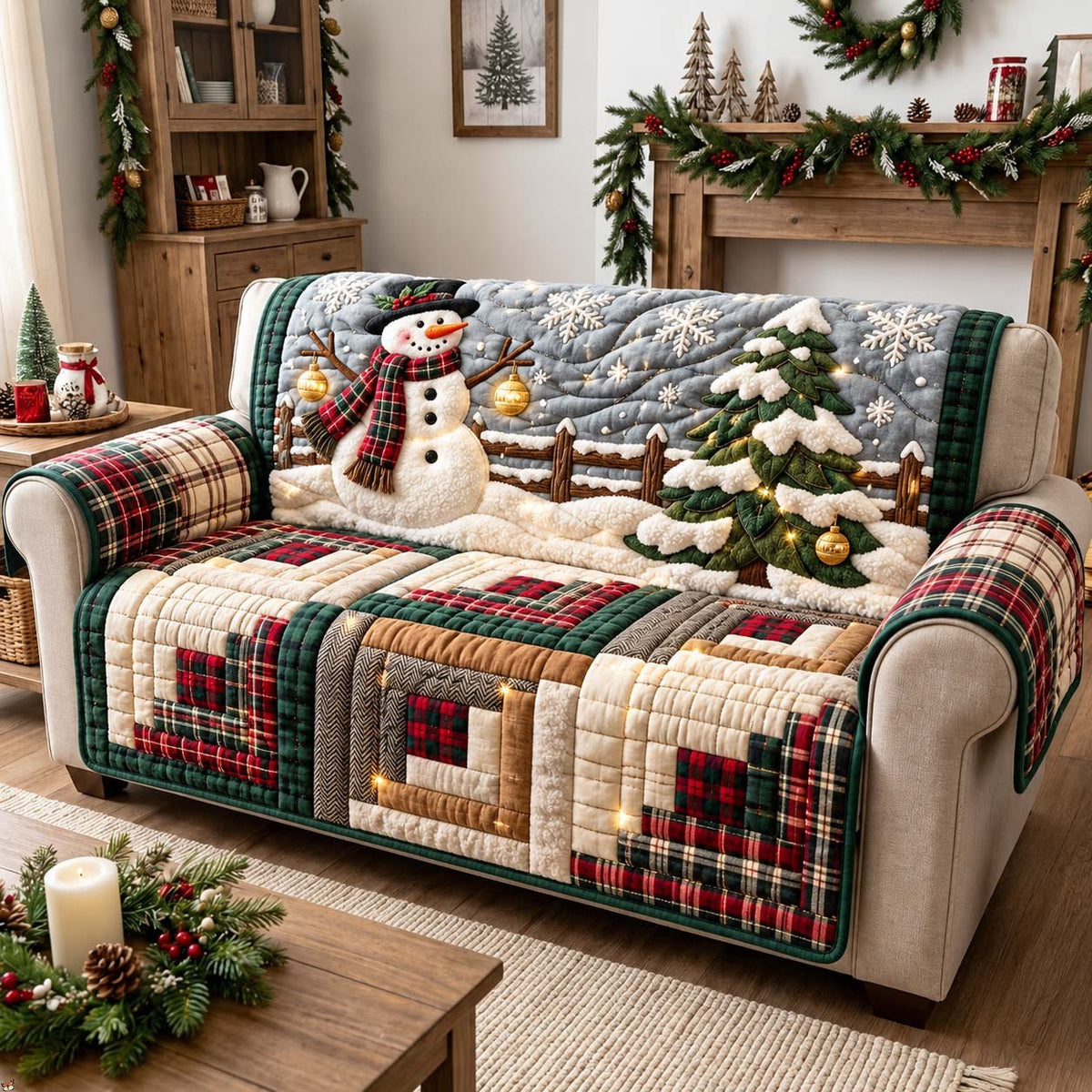 Plaid Snowman Wishes Sofa Cover