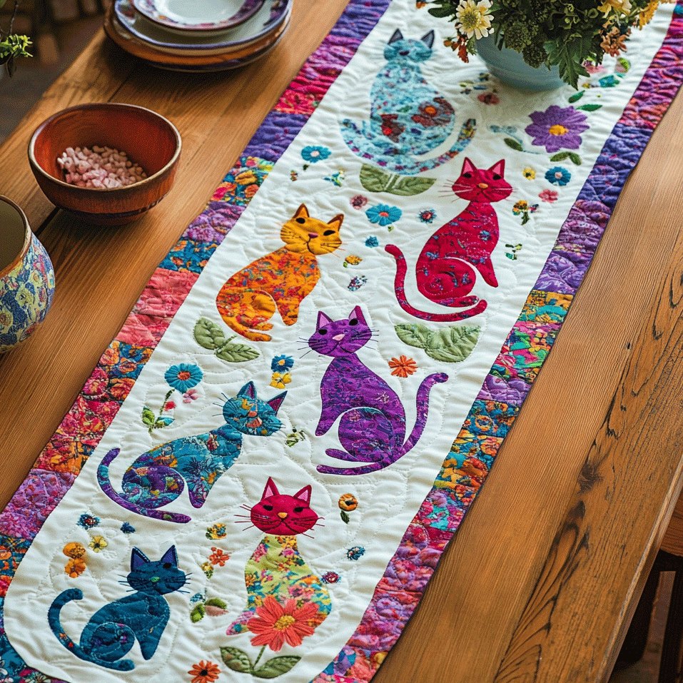Playful Floral Cats Table Runner