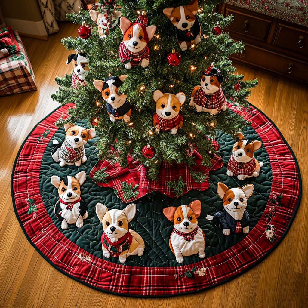 Playful Plaid Corgi Chritstmas Christmas Tree Skirt