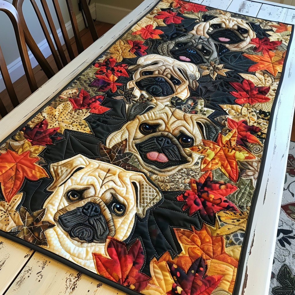 Pug Among Autumn Leaves Table Runner