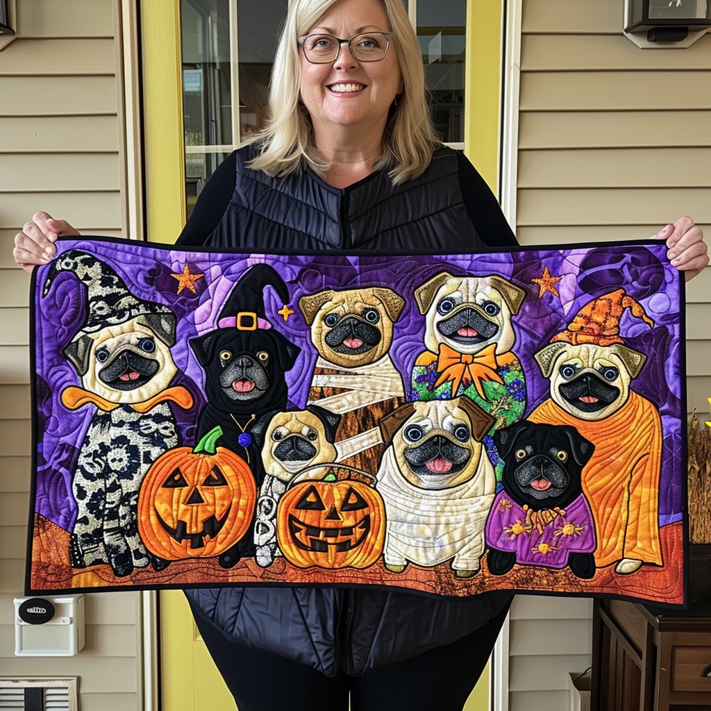Pugs in Halloween Costumes with Pumpkins Table Runner