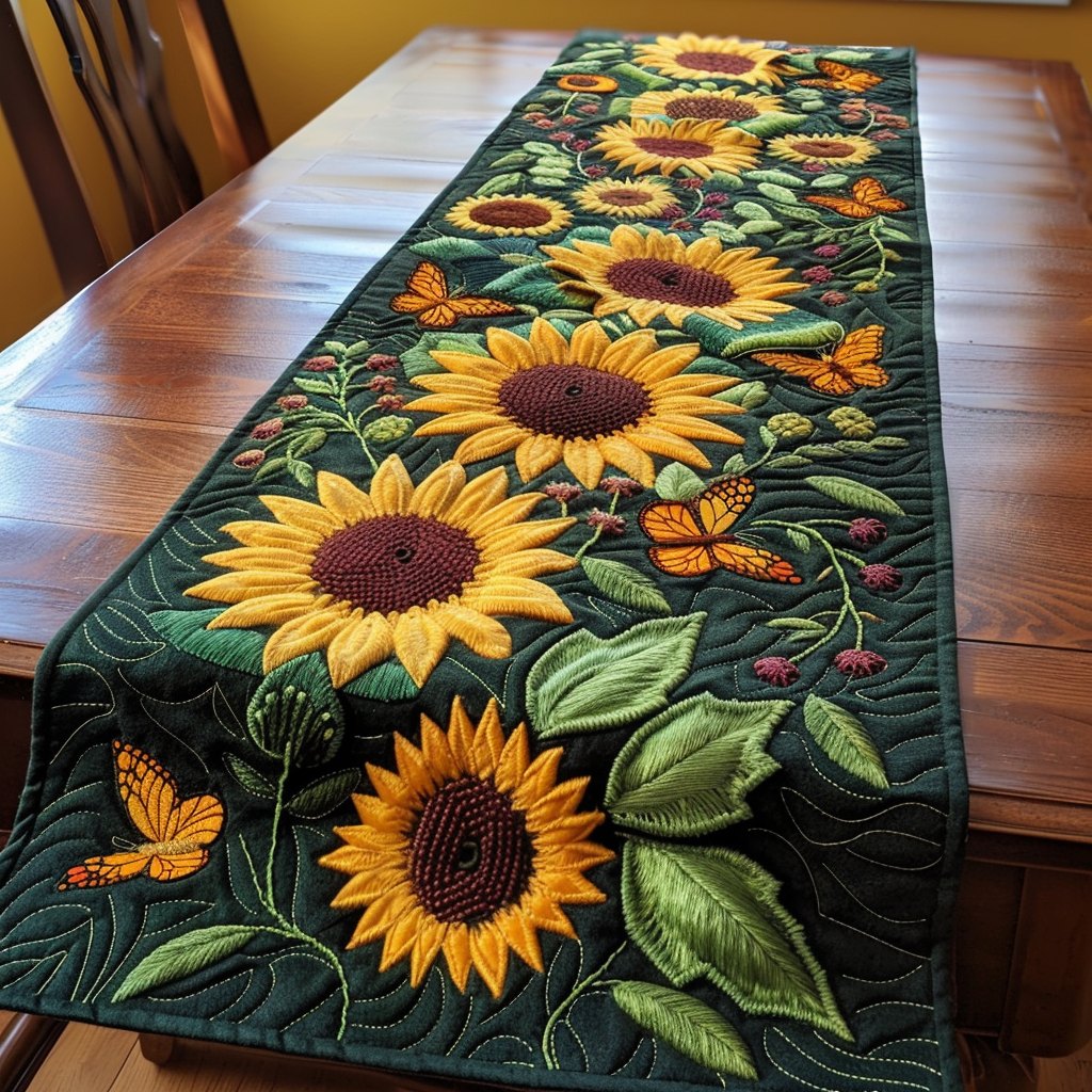 Sunflowers on Dark Green Panel Table Runner