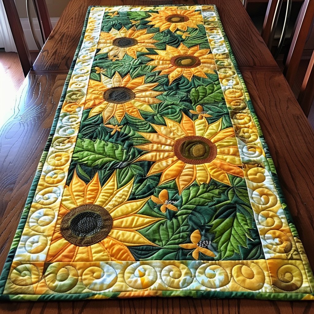 Sunflowers with Gold and Green Border Table Runner