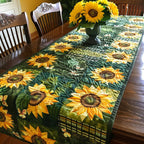 Dense Sunflowers on Green Leaves Table Runner