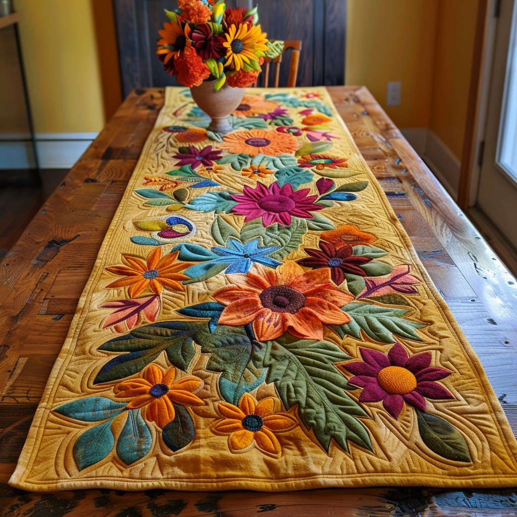 Bright Fall Flowers on Cream Table Runner