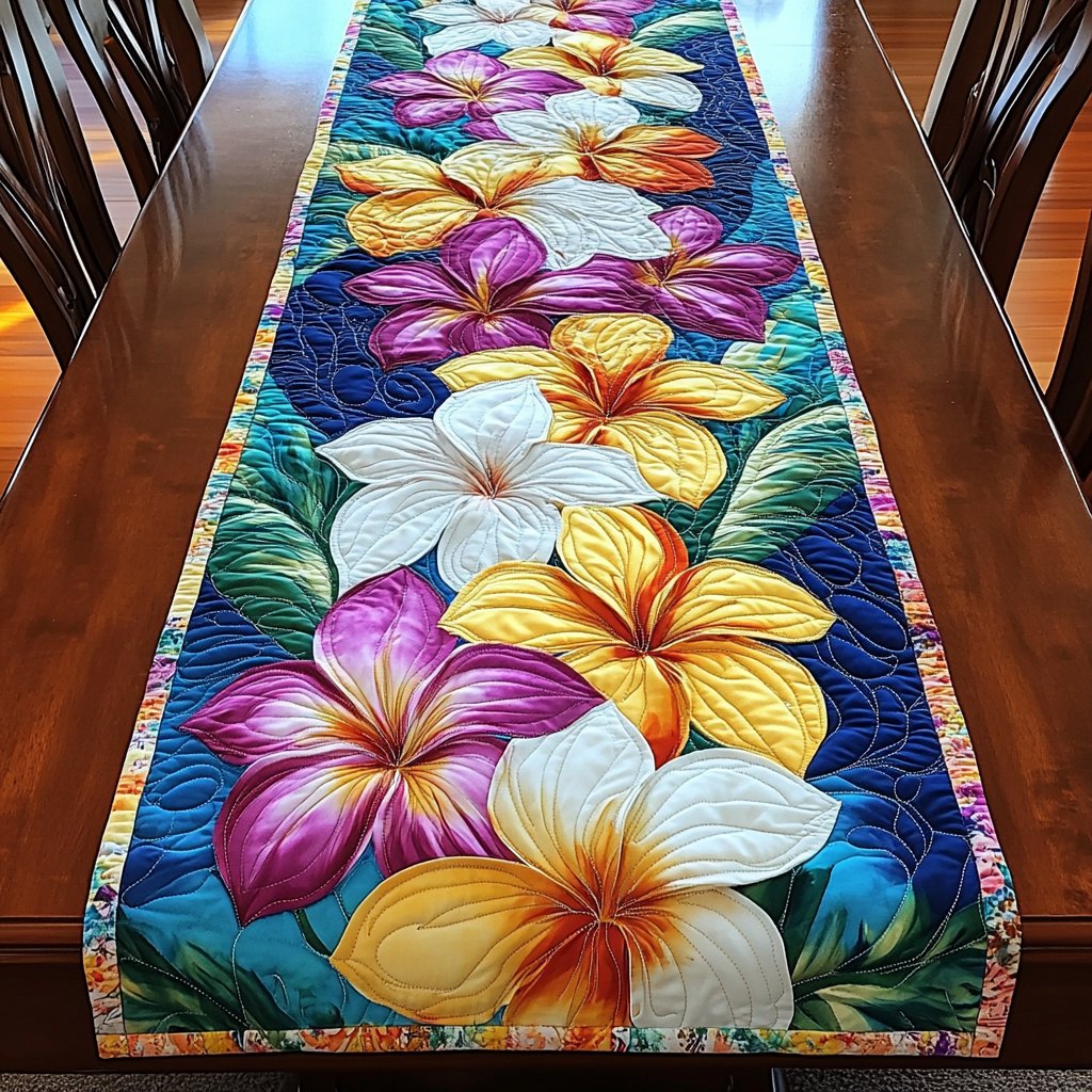 Bright Plumeria on Blue Table Runner