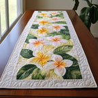 White Plumeria on Cream and Green Table Runner