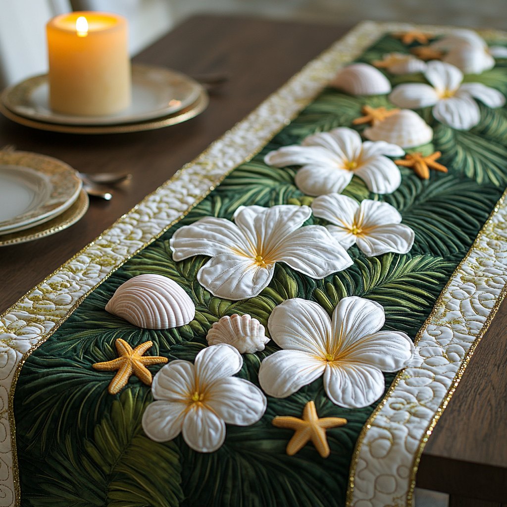 Plumeria with Shells and Starfish Table Runner