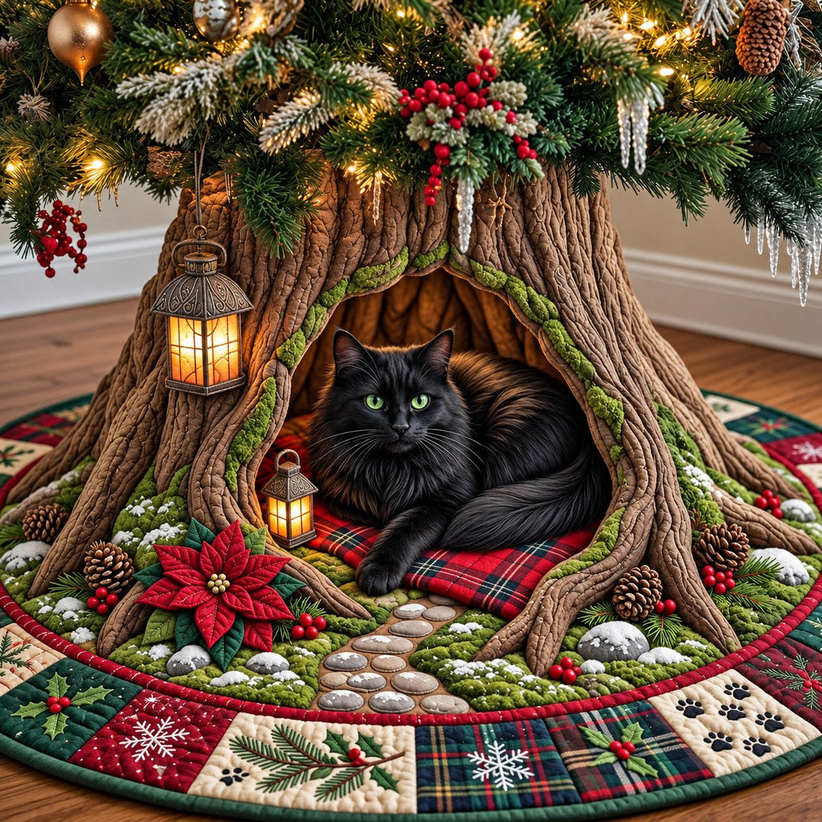 Poinsettia Cat Den Christmas Tree Skirt